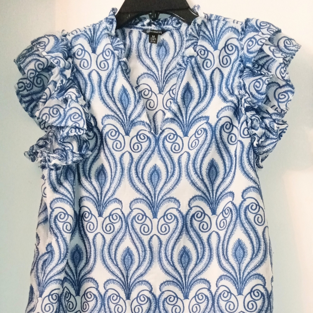 Blue and White Patterned Blouse